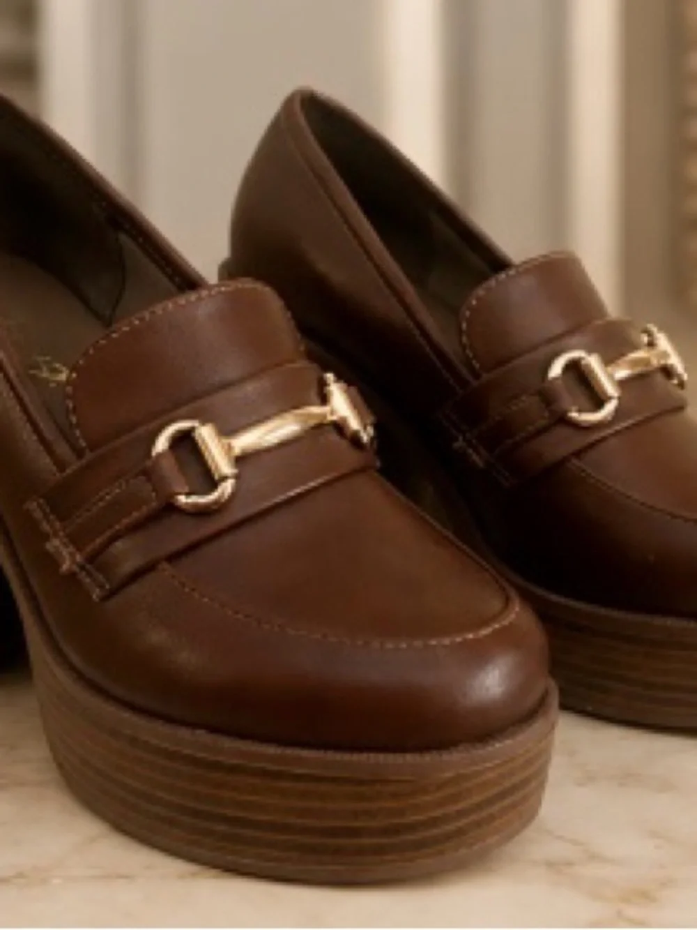 Classic Brown Platform Loafers with Gold Hardware